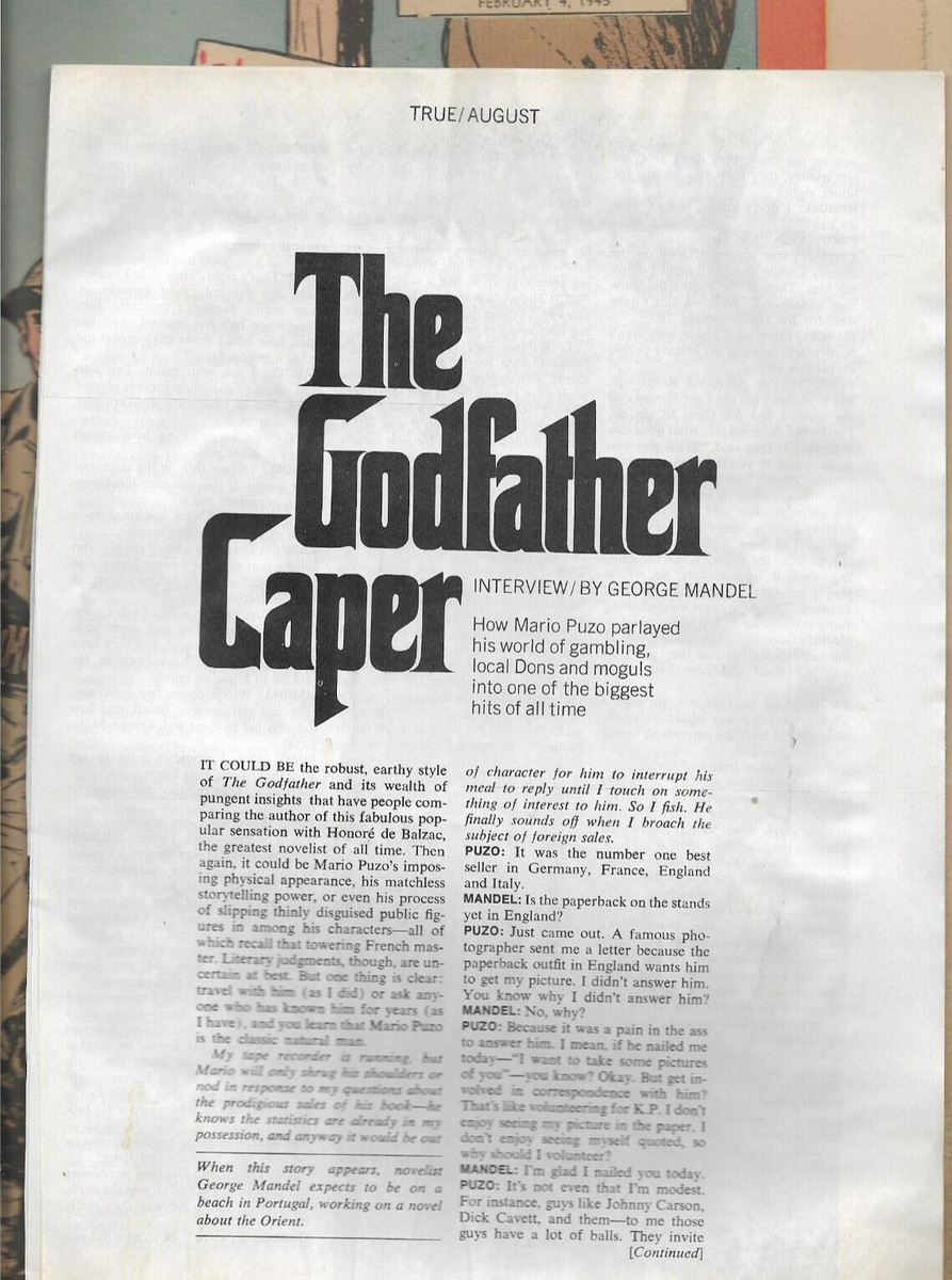 Mario Cuzo 1971 4-page True magazine Interview The Godfather All
