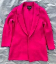 Rachel Zoe Open Front Bouclé Wool Long Jacket Blazer L Fuchsia Pink EXC Hot