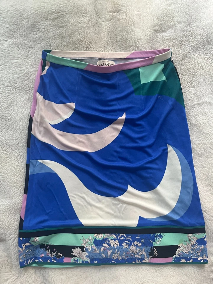Falda elástica de nailon vintage PUCCI estampado de viscosa hasta la rodilla falda azul EE. UU. talla 6 Foto 2 de 4