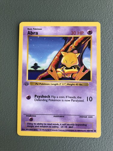 POKEMON Card Rare 1st Edition Shadowless Mint 1999 Vintage Base Set Abra 43/102 - Picture 1 of 7