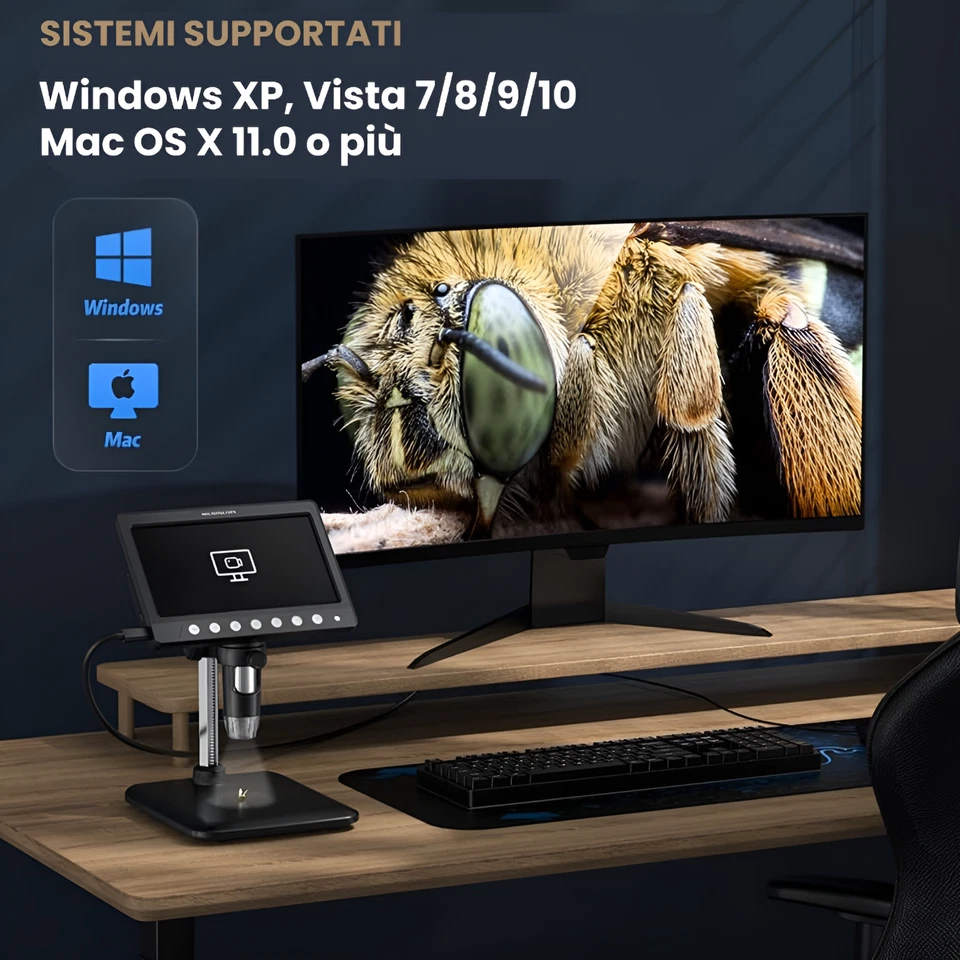 Microscopio Industriale Digitale 1200X HD 7'' Display a Colori Fotografia- Video - Immagine 3 di 4