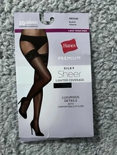 Hanes Premium Womens Size L Black/20 Denier Silky Sheer Lace Thigh High Tights