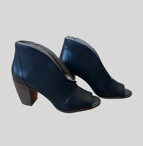 Lucky Brand Black Leather Peep Toe Ankle Booties With Chunky Wooden Heel Size 9 - Picture 2 of 7