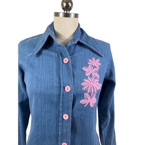 VTG 70s 80s Button Down Shirt GIrls Youth 14 Denim Embroidered Cottage Boho - 第 2/11 張圖片