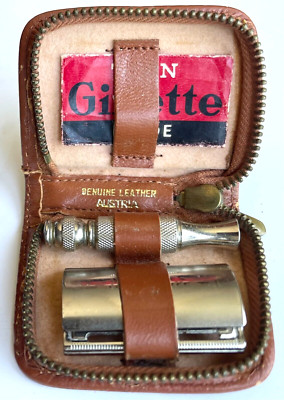 VINTAGE GILLETTE MINI TRAVEL RAZOR KIT 2'' STEM H-2 AUSTRIA LEATHER ZIPPERED CASE