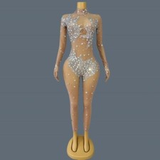 See Through Mesh Jumpsuit Sparkly Rhinestone Crystals Bodycon Party Dance Wear