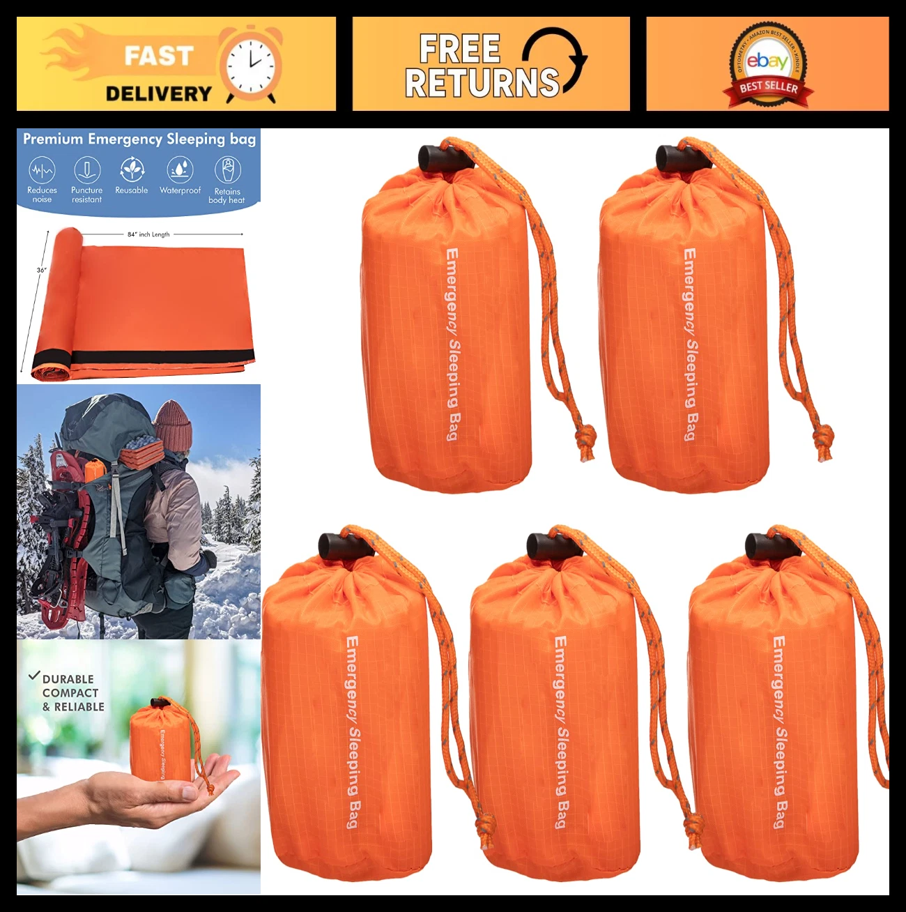 Emergency Sleeping Bag 5 Pack - 84"x36" Thermal Mylar Bivy Sack, Waterproof & Co