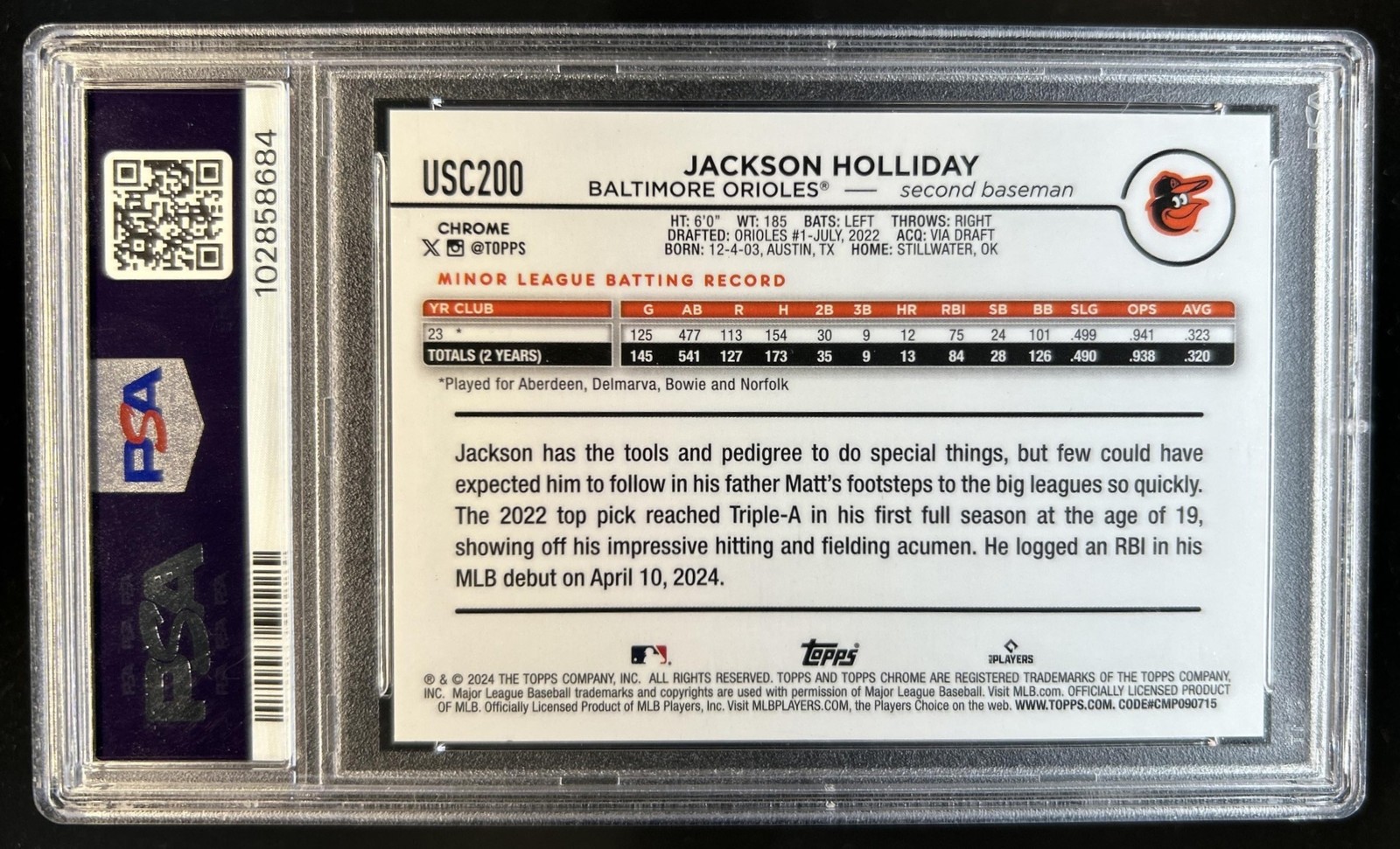 2024 Topps Chrome Update Jackson Holliday RC Orange RayWave Refractor #/25 PSA 9 view 2