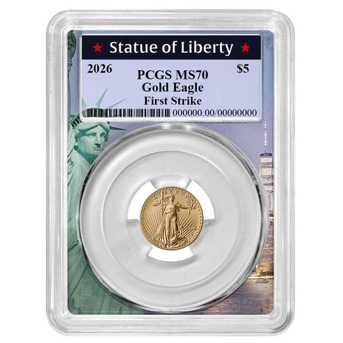 2026 $5 1/10-oz American Gold Eagle PCGS MS70 FS Statue of Liberty Frame