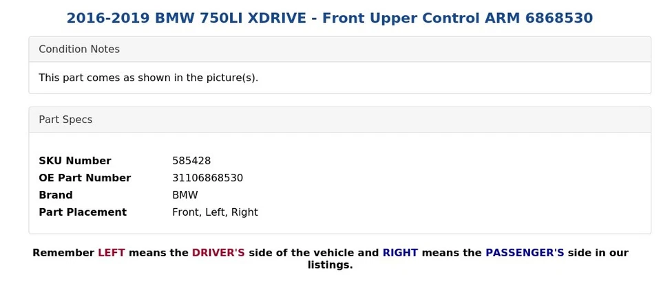 BMW 750LI XDRIVE 2016-2019 - Brazo de control superior delantero 6868530 Foto 4 de 4