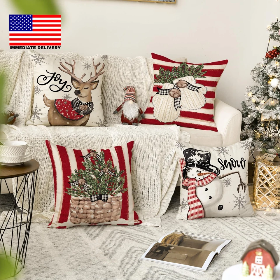 Christmas Snowman Reindeer Gloves Eucalyptus Red Throw Pillow Covers, 18 X 18 In - Image 2 of 4