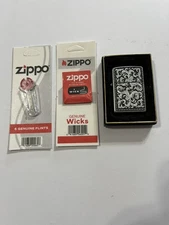 Vintage Zippo Lighter W/Nice Design on Front & Nos Flints & Wick