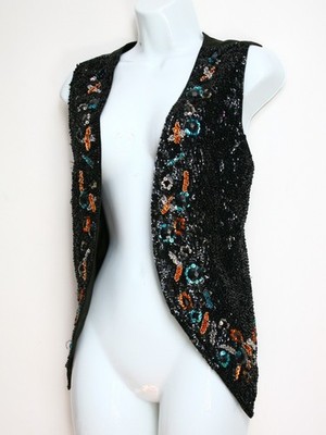 Vintage 1980s Murek Black Beaded Sequin Waistcoat UK 12 14 Embellished Vest