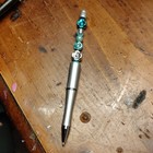 Silver Tone Metal Ballpoint Pen, Black Ink, Beaded Flower Charm Teal — photo 2