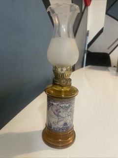 Vintage Amber Glass Oil Lamp with World Map Design
