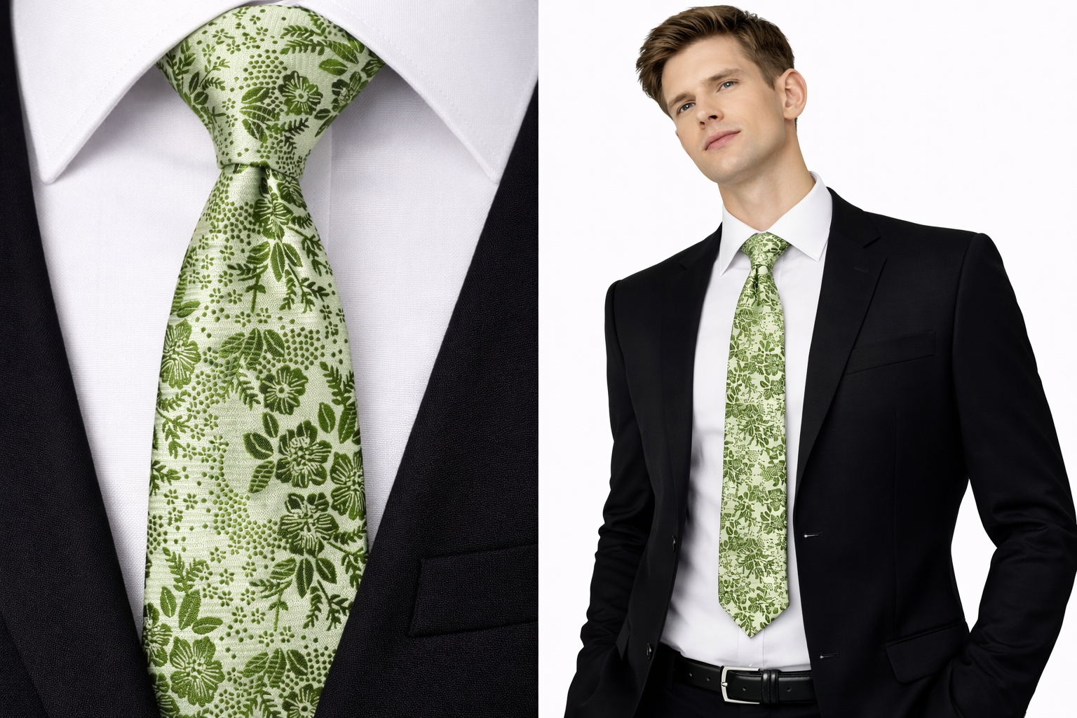 Sage Men's Tie Floral Green Silver Formal Necktie Sale Wedding Gift Silk UK