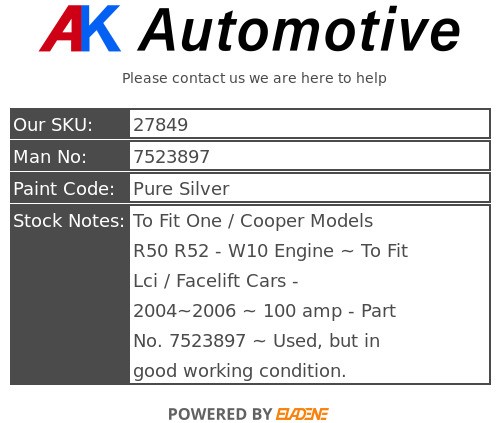 MINI ONE COOPER R50 R52 W10 LCi FACELIFT 2004~2006 100AMP ALTERNATOR 7523897 - Picture 8 of 8