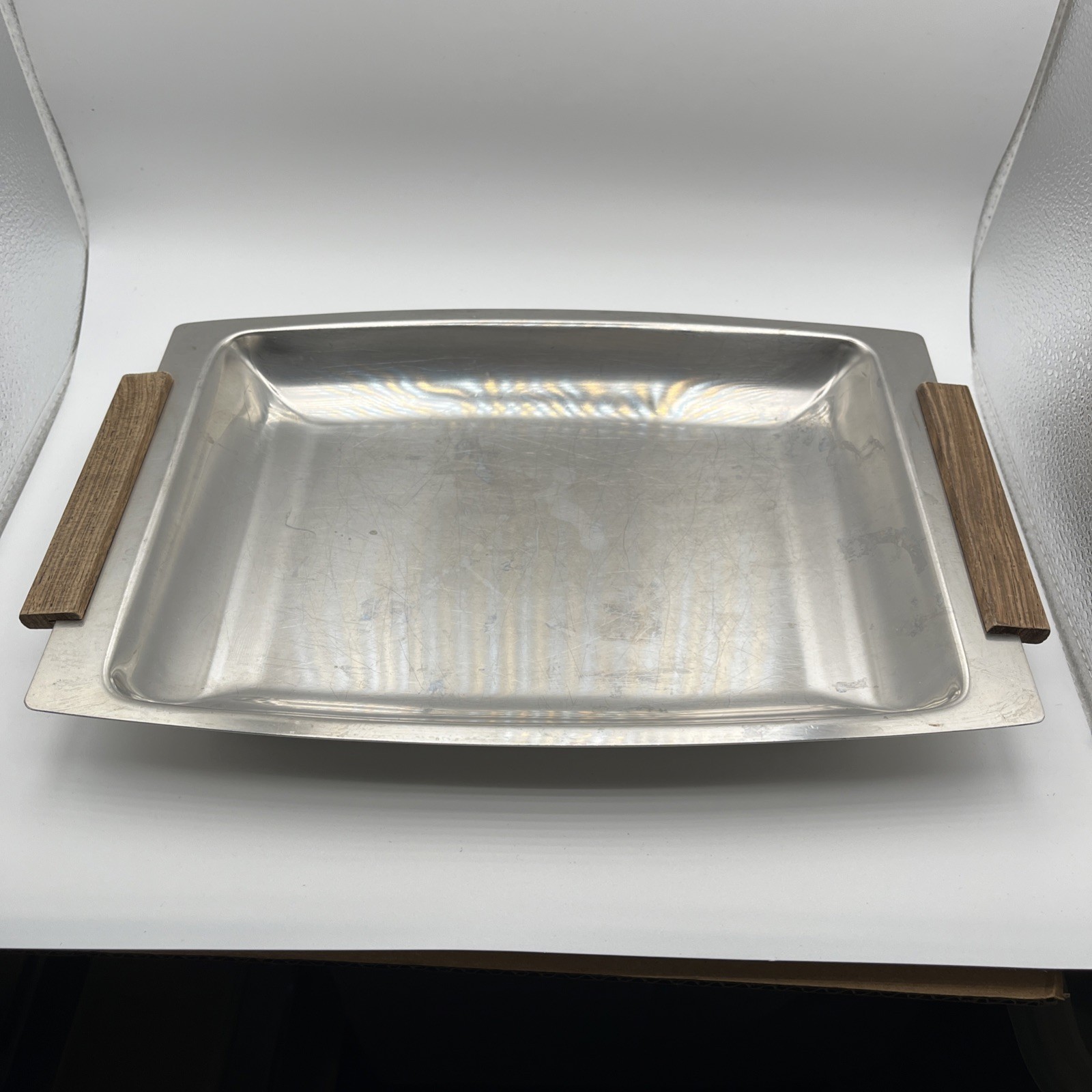 MCM Vtg Kalmar Stainless Steel & Teak Wood Serving Trays + Lid - 3 Piece Set