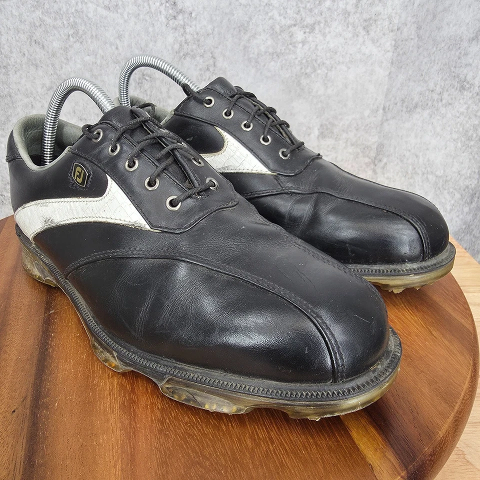 Footjoy FJ DryJoys Tour 高尔夫鞋男式 7.5 黑色白色皮革钉 53599R — 第 2/4 张图片