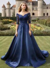 Evening Gown Formal Plus Size New A Line Satin Applique V-Neck With Half Sleeve