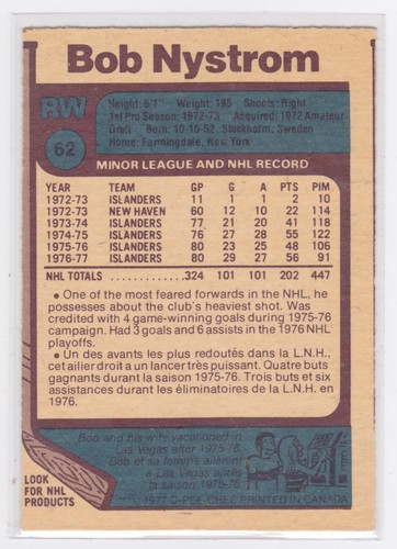 1977 O-Pee-Chee Hockey - Bob Nystrom #62 - EX - Bild 2 von 2