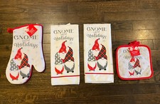 Image of 5pc Gnome Christmas House Kitchen Set. 1-Oven Mitt, 2-Pot Holders, 2-Towels