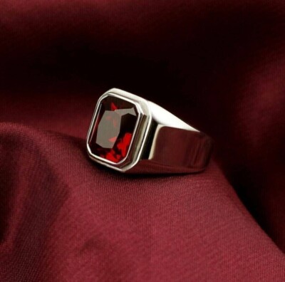 2Ct Emerald Cut Lab Created Garnet Men's Band Ring 14k White Gold Plated Silver
