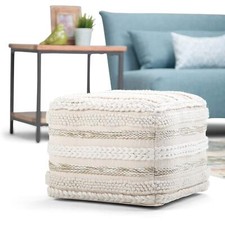 Contemporary Square Pouf in Natural Handloom Woven Pattern Modern Transitional