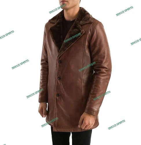 Langer Lammfellmantel Herren Echtleder lang braun Fell Trenchcoat - Bild 4 von 6