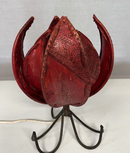 Vintage Lampe rote Lotusblüte nordafrikanisches marokkanisches Henna bemalte Haut/Leder - Bild 7 von 19