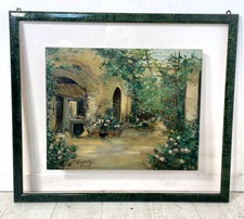 QUADRO DIPINTO OLIO TAVOLA Ciro Canzanella VEDUTA SCORCIO CORTILE FIORITO '900