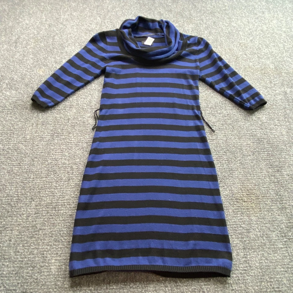 Vestido suéter feminino B Smart listrado azul e preto gola capuz SEM CINTO - Imagem 2 de 4