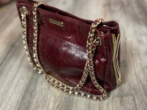 REBECCA MINKOFF SWING RED LEATHER DOUBLE CHAIN SHOULDER BAG 12” X 8”