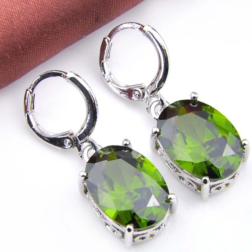 Mother's Day Gift Oval Natural Olive Peridot Gems Silver Danlge Hook Earrings - Picture 8 of 8