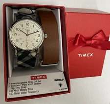 Timex Weekender Plaid Green Fabric brown Strap Watch 38mm TW2R51400 TWG015600