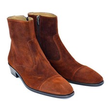 Handmade Men Brown Cap toe Ankle boots, Men side zipper classic ankle high boots