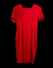 Vintage Impulsive Short Sleeve Long Red Dress 12P Pleated Rayon Buttons USA Made