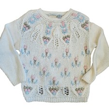 Vintage 80s Handknit White Pulliver Sweater Textured Pastel Sz M/L Cottage Core