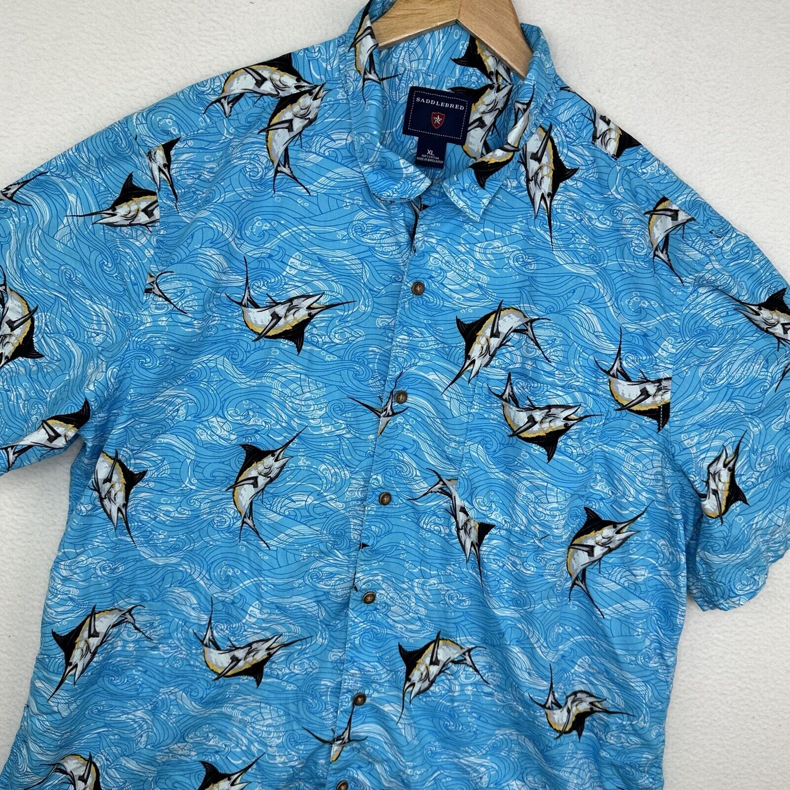 Saddlebred Mens XL Short Sleeve Button Up Shirt Marlin Fish Hawaiian Blue Ocean
