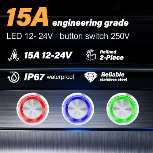 15Amp momentary Push Button Switch,(0.866") 12V-24V Push Button 22mm Blue - Picture 2 of 7
