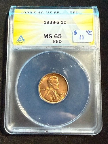 1938 S LINCOLN WHEAT CENT ANACS MS 65 RED 113