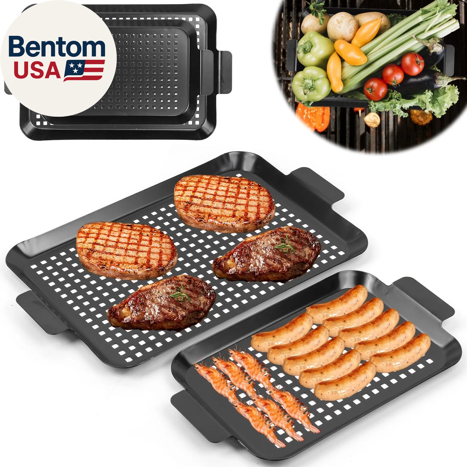 Grill Tray Set of 2 Outdoor Grill Pans Tray Grill Pans with Hole Nonstick Barbec