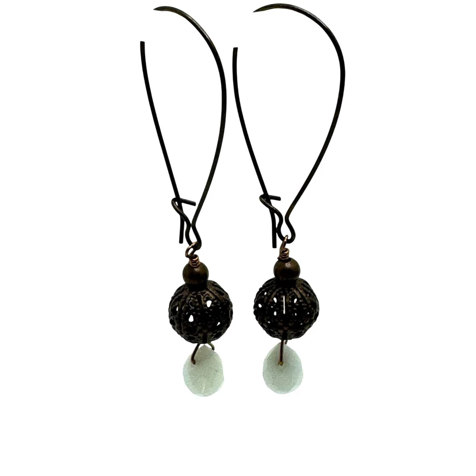 Pendientes de lágrima de bronce artesanales filigrana opaca aguamarina alambres largos Foto 2 de 4