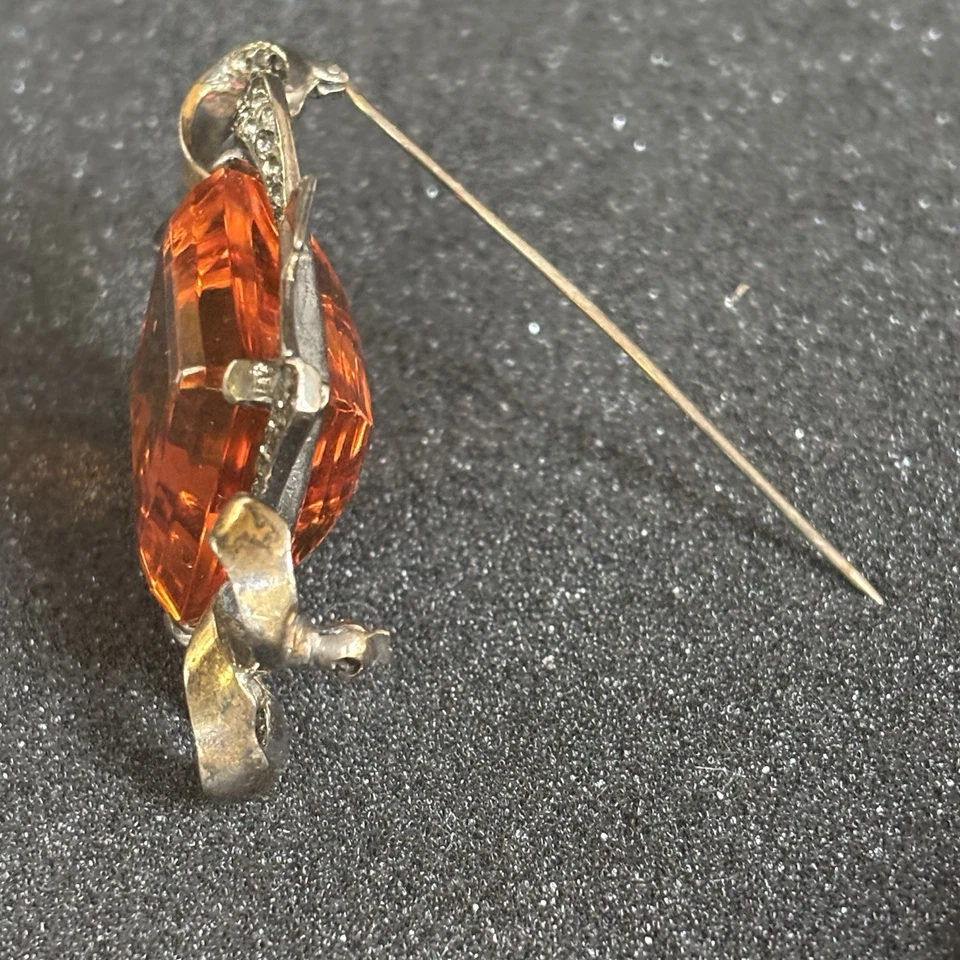 Vintage Sterling Silver Brooch With Large Amber Glass Stone & Rhinestone Accents - Image 3 of 4