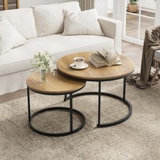 Nesting Coffee Table Set of 2 27.6" Round Coffee Table Wood Grain Top W/