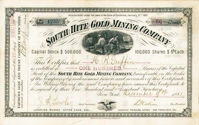 South Hite Gold Mining Co. - Stock Certificate Uncanceled - Mining Stocks