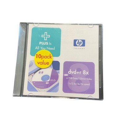 NEW 10 pack with slim jewel case HP dvd+r 8X media 4.7GB 120 minute disks