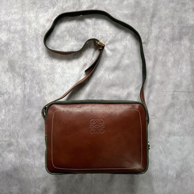 LOEWE Shoulder Bag Leahter SUede Brown Green Gold Handware Anagram Y2K  fm Japan