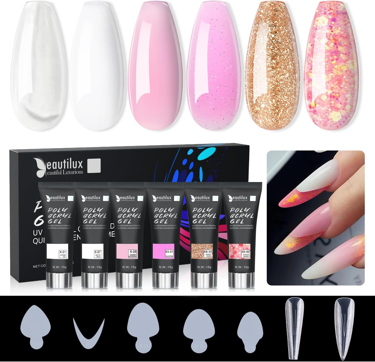 Poly Nail Gel Rose Blanc pour Ongles Courts Rallongement Facile Kit Manucure DIY