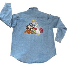 Warner Bros VTG 90s Looney Tunes Men  s Button Down Denim Shirt Embroidered